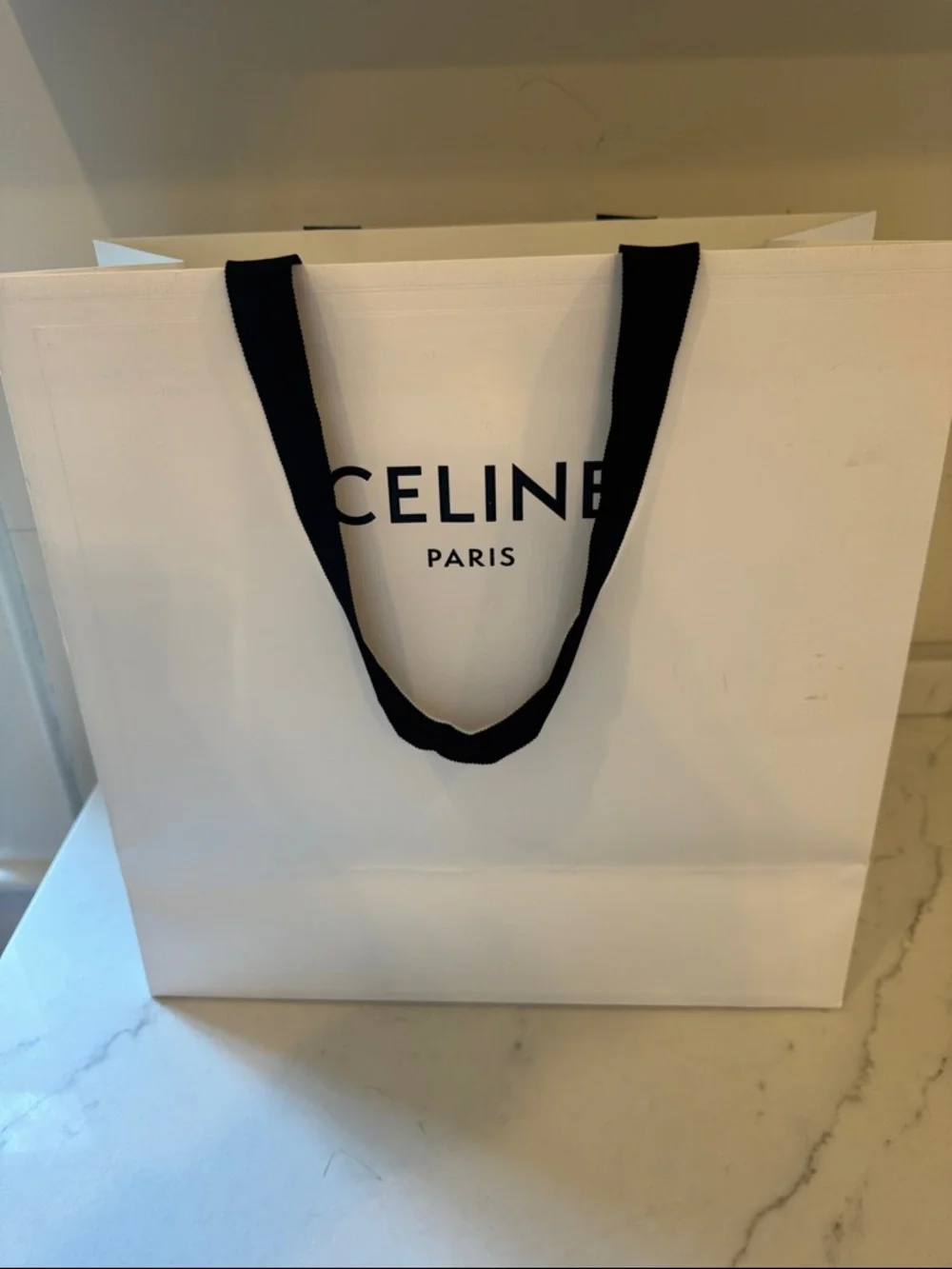 Celine White Shopper Bag with Black Ribbon Handles approx 16x26x7